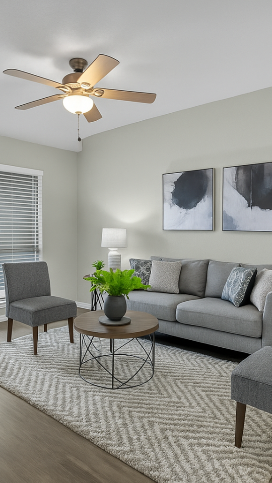 a living room with a ceiling fan and hardwood floors at The Calypso Apartments