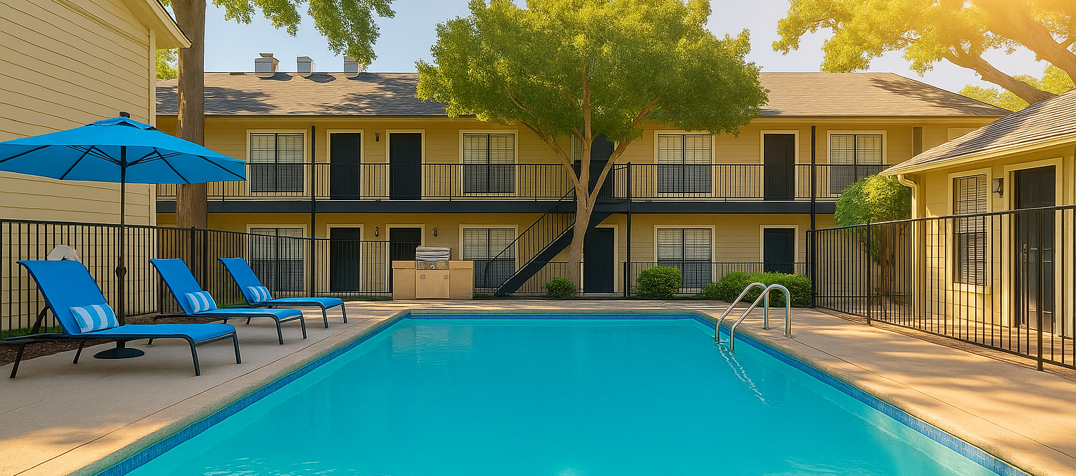 a pool with lounge chairs and umbrellas in front of a building at The Calypso Apartments
