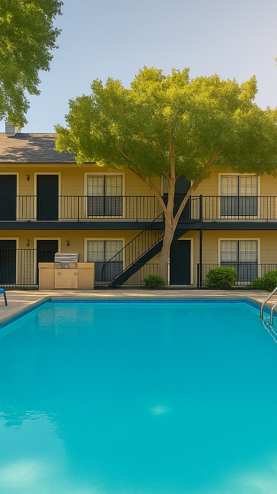a pool with lounge chairs and umbrellas in front of a building at The Calypso Apartments